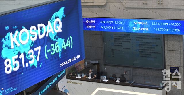 26일 오후 코스피가 전장 종가보다 519.09포인트(5.81%) 하락하며 8411.21으로, 코스닥은 36.44포인트(4.10%) 내린 851.37로 거래를 마감한 가운데, 서울 여의도 한국거래소 전광판에 지수가 표시되고 있다. / 이호형 기자 leemario@sporbiz.co.kr 2026.06.26