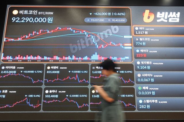 비트코인&nbsp;가격이 20개월 만에 최저 수준으로 떨어진 25일 서울 강남구 빗썸라운지 전광판에&nbsp;비트코인&nbsp;시세가 표시돼 있다. 사진/연합뉴스