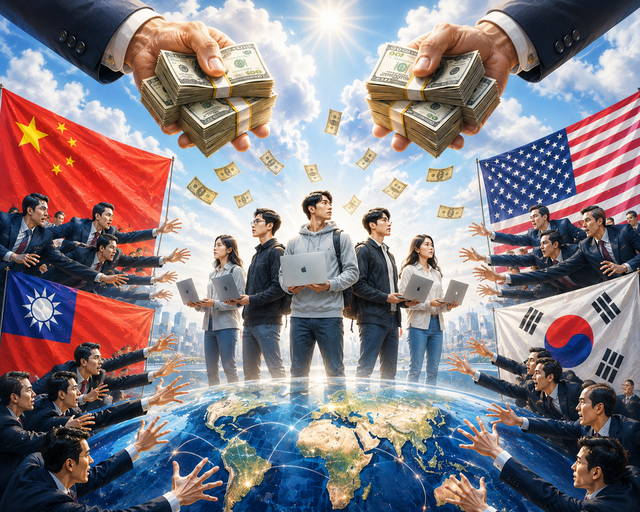 글로벌 AI 패권 경쟁이 격화되면서 미국·중국·한국·대만이 파격적인 보상과 연구 환경을 앞세워 AI 핵심 인재 확보 경쟁을 벌이는 모습을 형상화한 이미지./ChatGPT