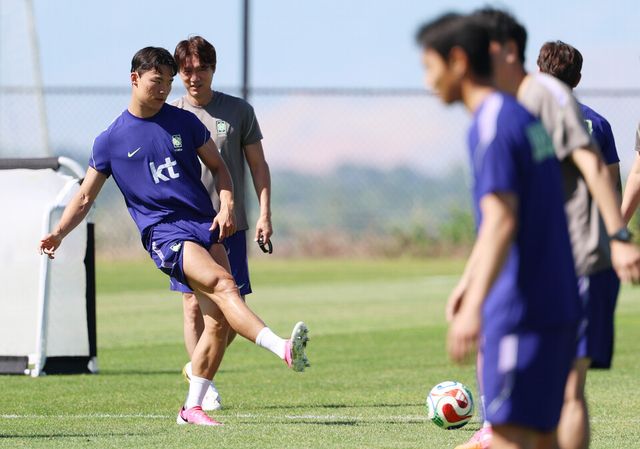 1일(현지 시각) 오후 미국 유타주 헤리먼에 위치한 자이언스뱅크 트레이닝센터에서 축구 대표팀 오현규가 훈련을 하고 있다. /연합뉴스