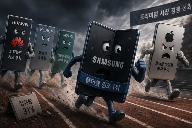 중국 스마트폰 업체들의 공세와 애플의 폴더블 시장 진입을 앞둔 가운데 삼성전자의 폴더블 스마트폰이 시장 주도권 수성 경쟁에 나서는 모습을 형상화한 이미지. ChatGPT이미지