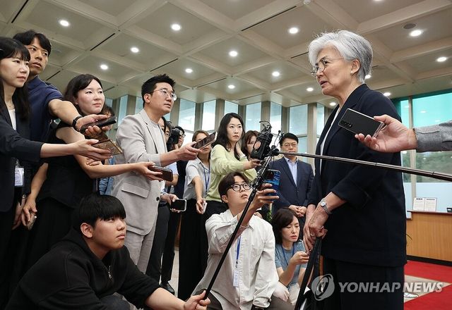 조현 외교부 장관의 지시에 따라 일시귀국한 강경화 주미대사가 15일 종로구 조 장관과의 면담을 위해 외교부 청사로 들어가던 중 취재진의 질문을 받고 있다. /연합뉴스