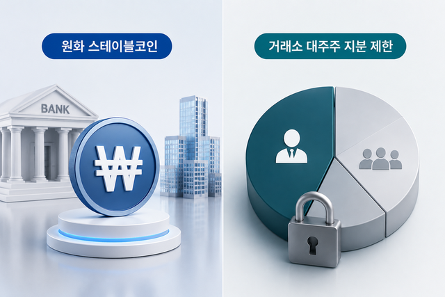 원화 스테이블코인 발행 구조와 거래소 대주주 지분 제한이 디지털자산기본법의 핵심 쟁점으로 떠오르고 있다. /챗GPT