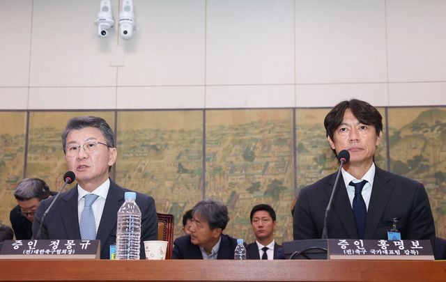 정몽규 전 대한축구협회장(왼쪽)이 30일 국회 문화체육관광위원회에서 열린 대한축구협회 현안 관련 청문회에서 의원 질의에 답하고 있다. 정 회장 오른쪽은 홍명보 전 축구 대표팀 감독. /연합뉴스