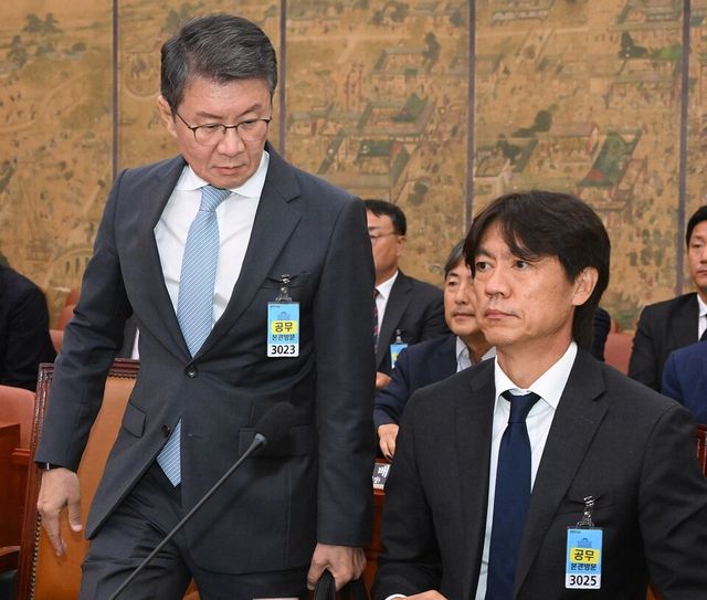 정몽규(왼쪽) 전 회장과 홍명보 전 감독. /국회사진기자단
