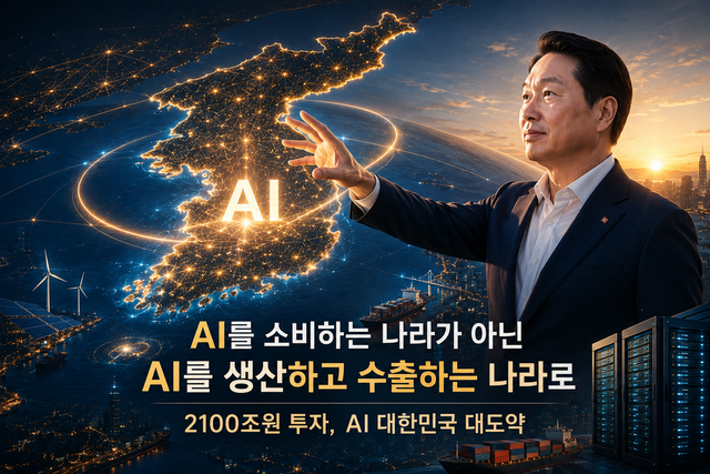 최태원 SK그룹 회장이 제시한 'AI 인프라' 비전을 형상화한 이미지. AI 데이터센터와 반도체, 네트워크를 연결해 대한민국을 AI 생산·수출국으로 도약시키겠다는 구상을 담았다./ChatGPT 생성 이미지
