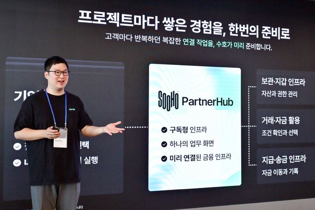 박지수 수호아이오 대표가 30일 서울 강남 해시드 라운지에서 열린 ‘서울 디지털 머니 서밋(SDMS) 2026 Q4’에서 기업용 디지털자산 금융 인프라 ‘수호 파트너허브(SOOHO PartnerHub)’의 거래·운용·송금 구조를 설명하고 있다. /수호아이오