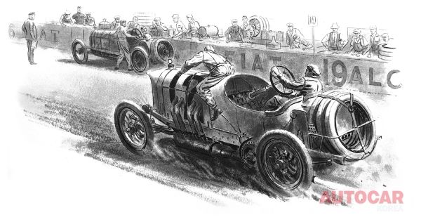 1914년 산타모니카 그랑프리 레이스에 출전한 랄프 드 팔마의 메르세데스 '그레이 고스트'.&nbsp;<br>