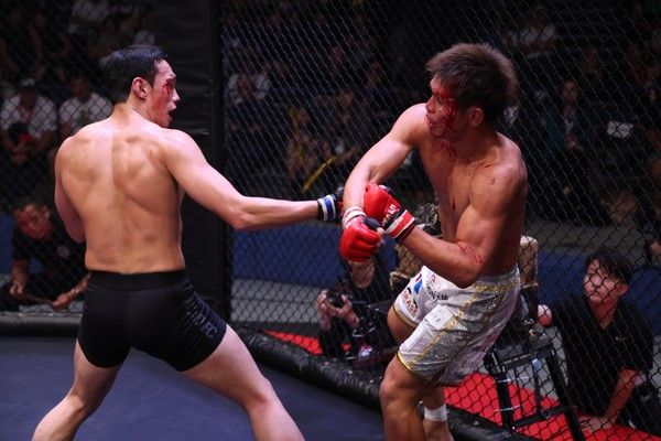 사진=스탠다드앤드프로그레스 스포츠에이전시 제공(윤태영(왼쪽)이 일본 무술 엑스포 오프닝 종합격투기 경기에서 UFC 출신 아베 다이치를 케이지로 몰아붙이며 공격 기회를 엿보고 있다.)