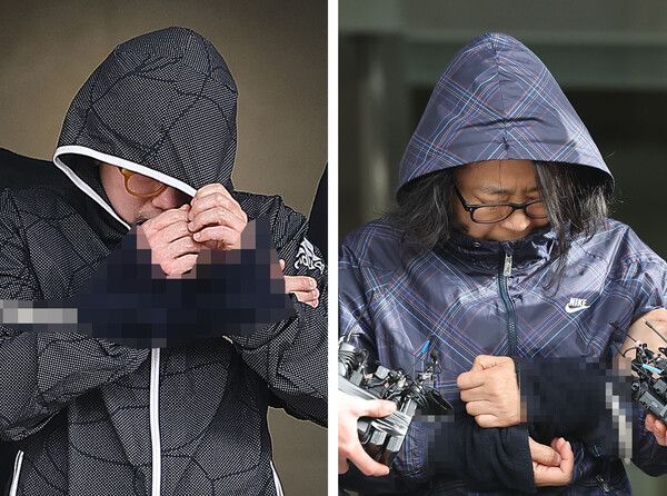 서울 강남 40대 여성 납치·살해 사건의 배후로 지목된 재력가 부부 유상원(왼쪽)과 황은희가 13일 오전 서울 수서경찰서에서 검찰로 송치되고 있다. [연합뉴스]