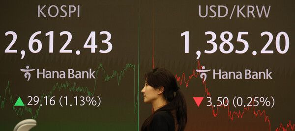 28일 오후 서울 중구 하나은행 본점 딜링룸 모습 [연합뉴스]