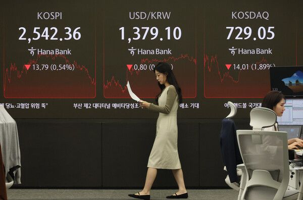 1일 서울 중구 하나은행 본점 딜링룸 모습 [연합뉴스]