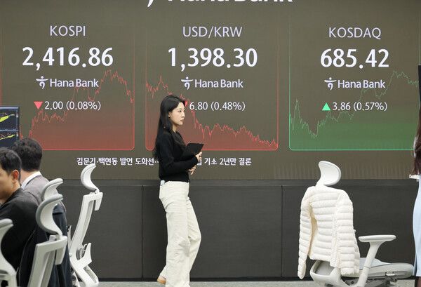 15일 오후 서울 중구 하나은행 본점 딜링룸 모습 [연합뉴스]