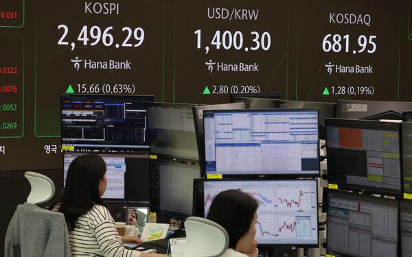 &nbsp;22일 오전 서울 중구 하나은행 본점 딜링룸 모습 [연합뉴스]