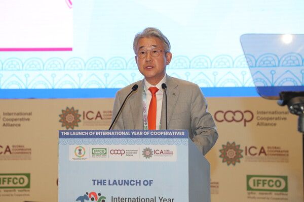 강호동 농협중앙회장이 25일(현지시간) 인도 뉴델리에서 개최된 국제협동조합연맹(ICA) 글로벌협동조합컨퍼런스 개막식에서 연설을 하고있다. [농협중앙회]