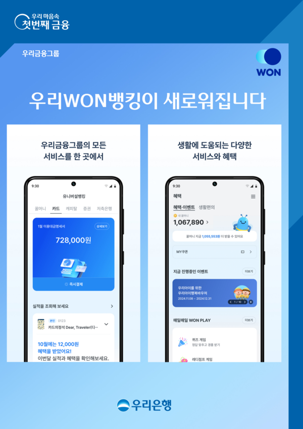 우리은행은 우리금융그룹의 핵심 서비스를 모두 모은 유니버설뱅킹 ‘NEW(뉴) 우리WON뱅킹’을 출시했다. [우리은행]
