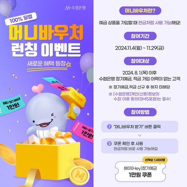 Sh수협은행은 금융상품 가입시 현금처럼 사용할 수 있는 금액형 금융쿠폰 ‘머니바우처’를 출시했다. [Sh수협은행]