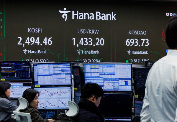 13일 오후 서울 중구 하나은행 본점 딜링룸의 전광판에 이날 거래를 마감한 코스피와 코스닥 지수와 거래 중인 원달러 환율이 표시돼 있다. [연합뉴스]