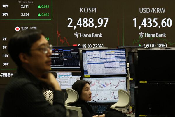 16일 오후 서울 하나은행 본점 딜링룸 모습 [연합뉴스]