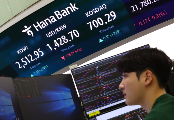 16일 오전 서울 중구 하나은행 본점 딜링룸 모습 [연합뉴스]