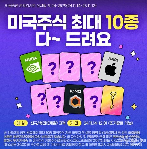&nbsp;키움증권은 ‘카드를 뒤집으면 미국주식 최대 10종 다~드려요’ 이벤트를 31일까지 연장한다 [키움증권]