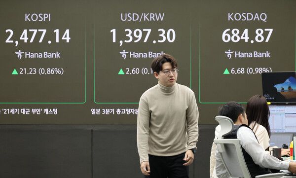 &nbsp;2일 오전 서울 중구 하나은행 본점 딜링룸 모습 [연합뉴스]