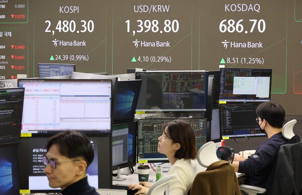 &nbsp;2일 오전 서울 중구 하나은행 본점 딜링룸 모습 [연합뉴스]