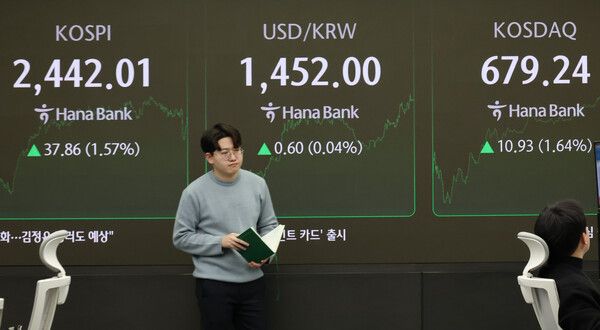 &nbsp;23일 오후 서울 중구 하나은행 본점 딜링룸 모습 [연합뉴스]