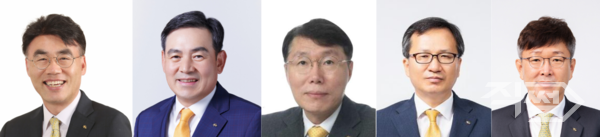 (왼쪽부터)이홍구 KB증권 사장, 김성현 KB증권 사장, 김재관 KB국민카드 사장 후보자, 정문철 라이프생명 사장 후보자, 박찬용 데이터시스템 사장 후보자 [KB금융]