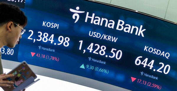 9일 오전 서울 중구 하나은행 본점 딜링룸 전광판에 이날 거래를 시작한 코스피와 원달러 환율, 코스닥 지수가 표시돼 있다. 원달러 환율은 8원가량 오른 1420원대 후반에서 거래되고 있다. [연합뉴스]