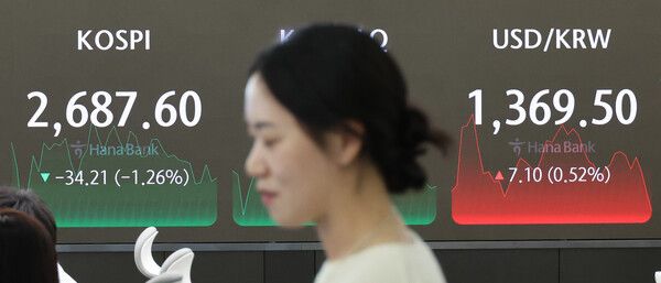 24일 서울 중구 하나은행 본점 딜링룸 모습 [연합뉴스]