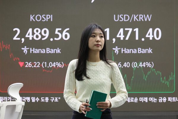 13일 서울 중구 하나은행 본점 딜링룸 모습 [연합뉴스]