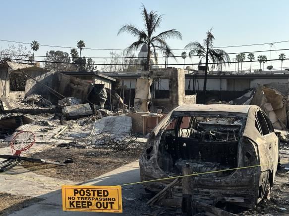 11일(현지시간) 미국 로스앤젤레스에서 대형 산불이 닷새째 확산 중인 가운데 이미 불길이 휩쓸고 간 알타데나 주택가의 피해 현장. [연합뉴스]