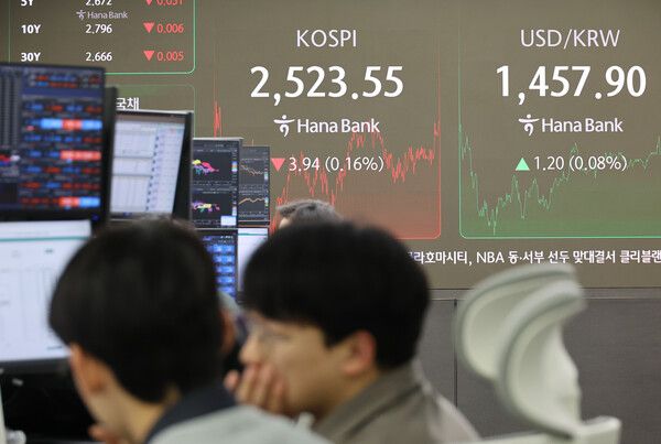 &nbsp;17일 오후 서울 중구 하나은행 본점 딜링룸 모습 [연합뉴스]