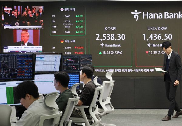 &nbsp;21일 서울 중구 하나은행 본점 딜링룸 모습 [연합뉴스]