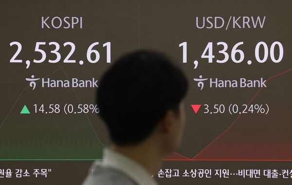 22일 오전 서울 중구 하나은행 본점 딜링룸 모습 [연합뉴스]