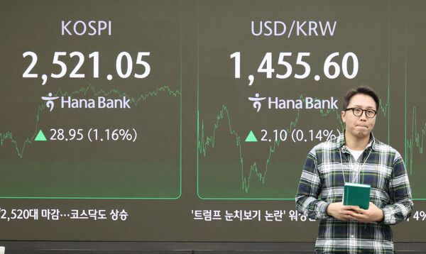 8일 오후 서울 중구 하나은행 본점 딜링룸 모습 [연합뉴스]