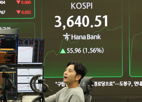 14일 서울 중구 하나은행 딜링룸 모습. [연합뉴스]