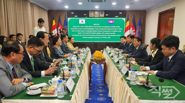 캄보디아 하원의원들과 회의 중인 더불어민주당 재외국민안전대책단(단장 김병주 최고위원 : 오른쪽 3번째). [더불어민주당]