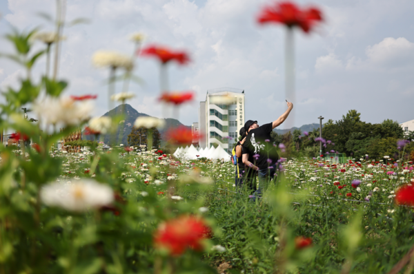 시민들이 야외에서 사진 촬영을 하고 있다. [연합뉴스]&nbsp;