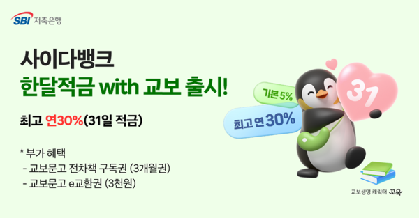 SBI저축은행은 최대 연 30%의 금리를 제공하는 ‘한달적금 with 교보(한달적금)’ 상품을 출시했다. [SBI저축은행]