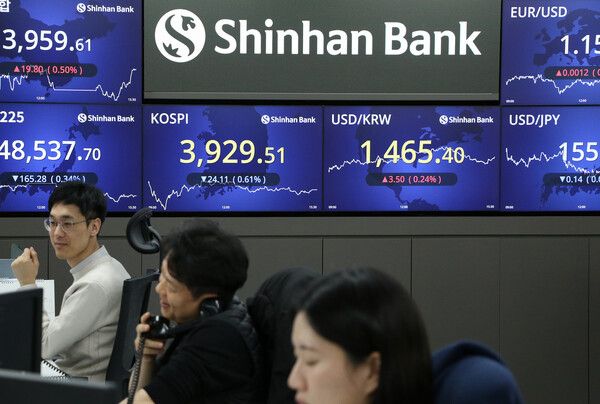 19일 서울 중구 하나은행 딜링룸 모습. [연합뉴스]