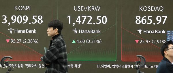 21일 서울 중구 하나은행 딜링룸 모습. [연합뉴스]