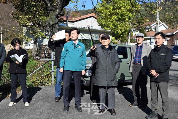 삼랑진읍 용전리 기부채납 산림 현장에서 관계자들이 조림 현황을 확인하고 있다. [밀양시]