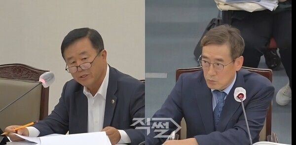 이승우 시의원(왼쪽)이 부산경제진흥원 관계자에게 질의하고 있다. [부산시의회]