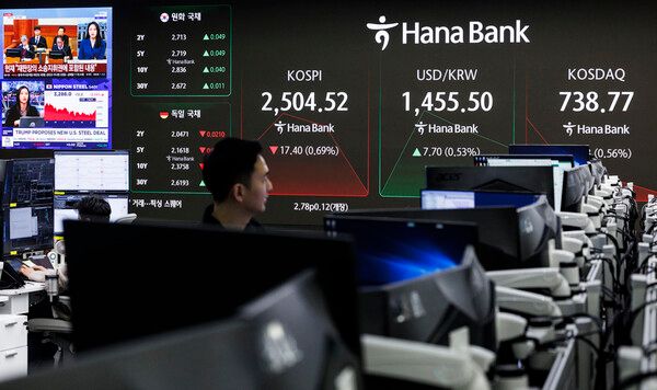 &nbsp;10일 오전 서울 중구 하나은행 본점 딜링룸 모습. [연합뉴스]