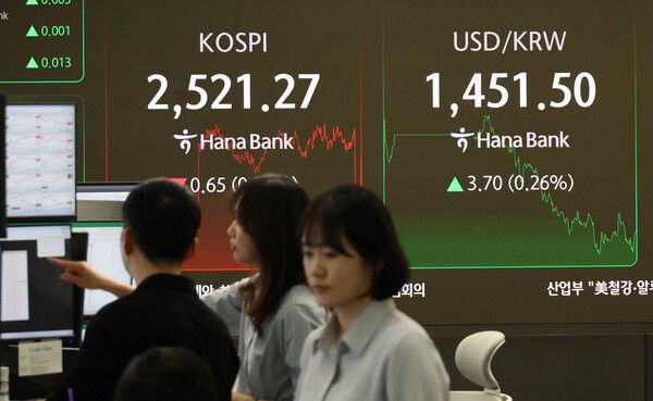 &nbsp;10일 오후 서울 중구 하나은행 본점 딜링룸 모습. [연합뉴스]