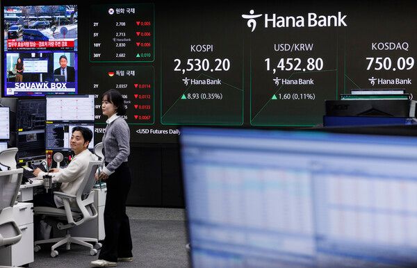 &nbsp;11일 오전 서울 중구 하나은행 본점 딜링룸 모습. [연합뉴스]