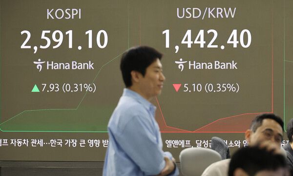 14일 오전 서울 중구 하나은행 딜링룸 모습. [연합뉴스]