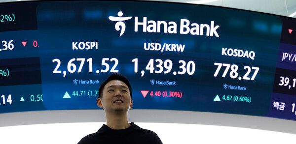 19일 오후 서울 중구 하나은행 딜링룸 화면에 이날 거래를 마친 코스피와 코스닥, 원/달러 환율이 표시돼 있다. [연합뉴스]